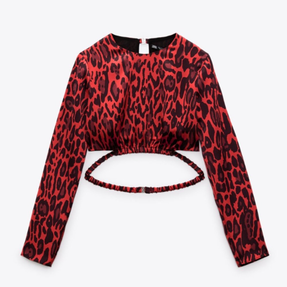 Zara Women Cut Out Crop Top Long Sleeve Leopard Animal Print Red Black Size XS